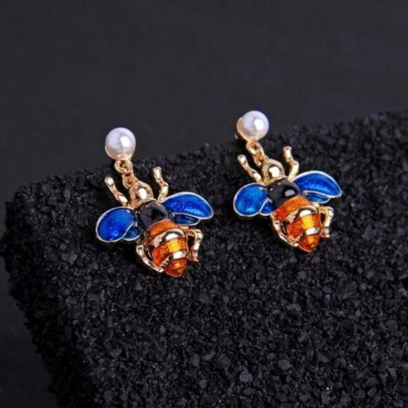 Blue Enamel Glaze Pearl Bumble Bee Gold Statement Dangle Earrings - Picture 7 of 8